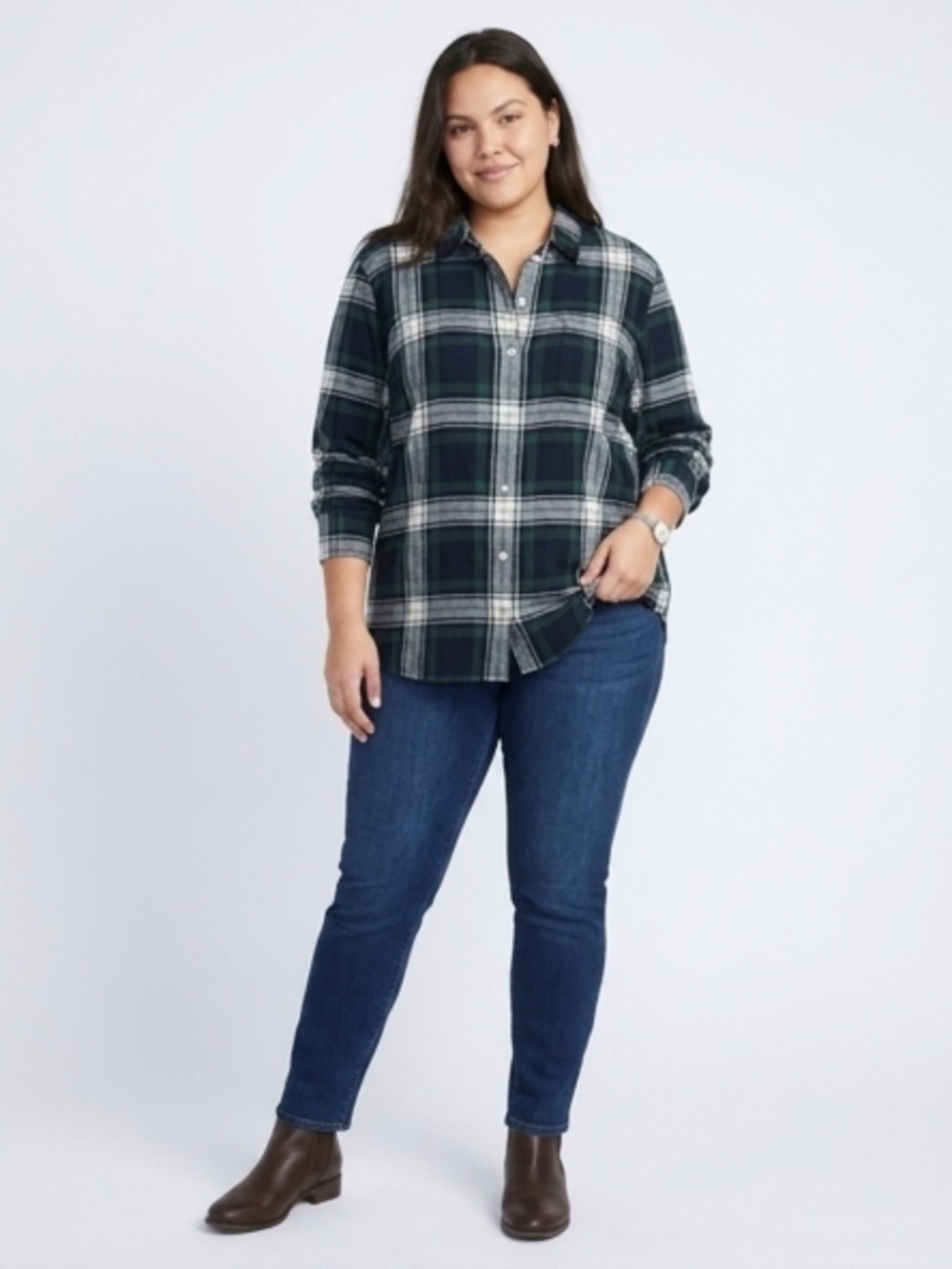 Tommy Hilfiger Women's Plaid Flannel Shirt Green Navy White Size L 100%Cotton